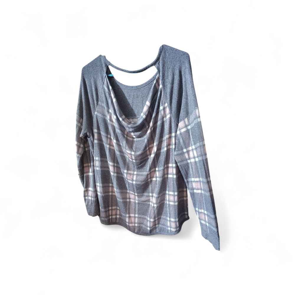 Plaid Draped Neck Long Sleeve Top - Blue and Pink